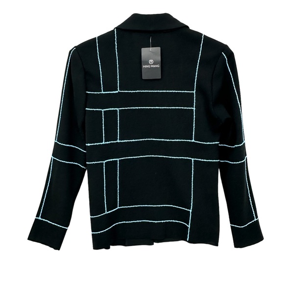 New MING WANG Jacket Open Front, Single Clasp, Knit Black Blue - Picture 3 of 11